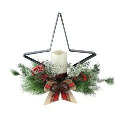 Online 15" Green and Ivory Pine Needle, Berry, and Jingle Bell Deep Star Shaped Candle Holder Candle Holders
