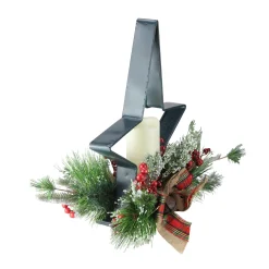 Online 15" Green and Ivory Pine Needle, Berry, and Jingle Bell Deep Star Shaped Candle Holder Candle Holders