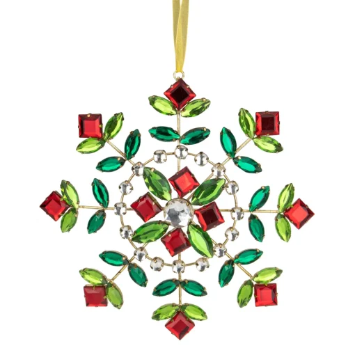 6.5" Green and Red Gem Stone Flowers Snowflake Christmas Ornament Icicles|Snowflakes
