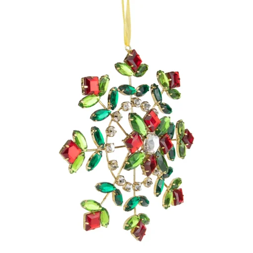 6.5" Green and Red Gem Stone Flowers Snowflake Christmas Ornament Icicles|Snowflakes