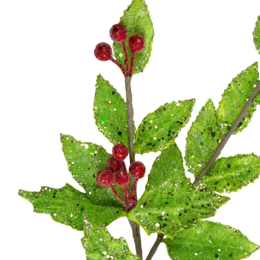 New 28.25" Green and Red Glittered Holly Berry Christmas Spray Sprays, Picks & Branches