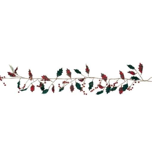 Clearance 5' Green and Red Plaid Holly with Jingle Bells Christmas Garland - Unlit Unlit