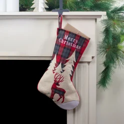 19" Green and Red Plaid Reindeer With Forest Trees Christmas Stocking Stockings