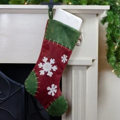Outlet 20" Green and Red Snowflake Christmas Stocking with Blanket Stitching Stockings
