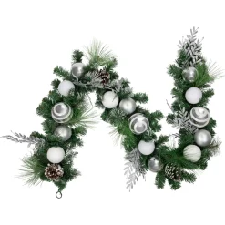 Outlet 6' Green Pine Needle Garland with Pinecones and Striped Christmas Ornaments, Unlit Pre Decorated