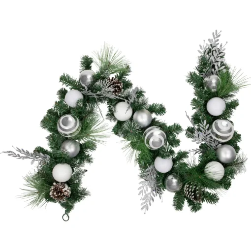 Outlet 6' Green Pine Needle Garland with Pinecones and Striped Christmas Ornaments, Unlit Pre Decorated