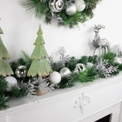 Outlet 6' Green Pine Needle Garland with Pinecones and Striped Christmas Ornaments, Unlit Pre Decorated