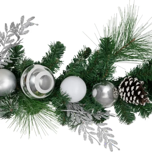 Outlet 6' Green Pine Needle Garland with Pinecones and Striped Christmas Ornaments, Unlit Pre Decorated
