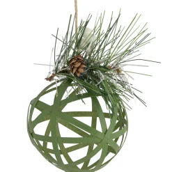 5" Green Rattan Style Christmas Ball Ornament with Pine Cone Glass|Ball Ornaments