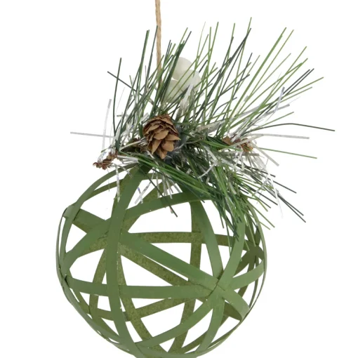 5" Green Rattan Style Christmas Ball Ornament with Pine Cone Glass|Ball Ornaments