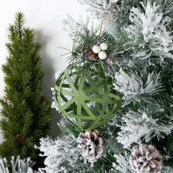 5" Green Rattan Style Christmas Ball Ornament with Pine Cone Glass|Ball Ornaments