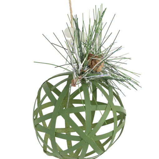 5" Green Rattan Style Christmas Ball Ornament with Pine Cone Glass|Ball Ornaments
