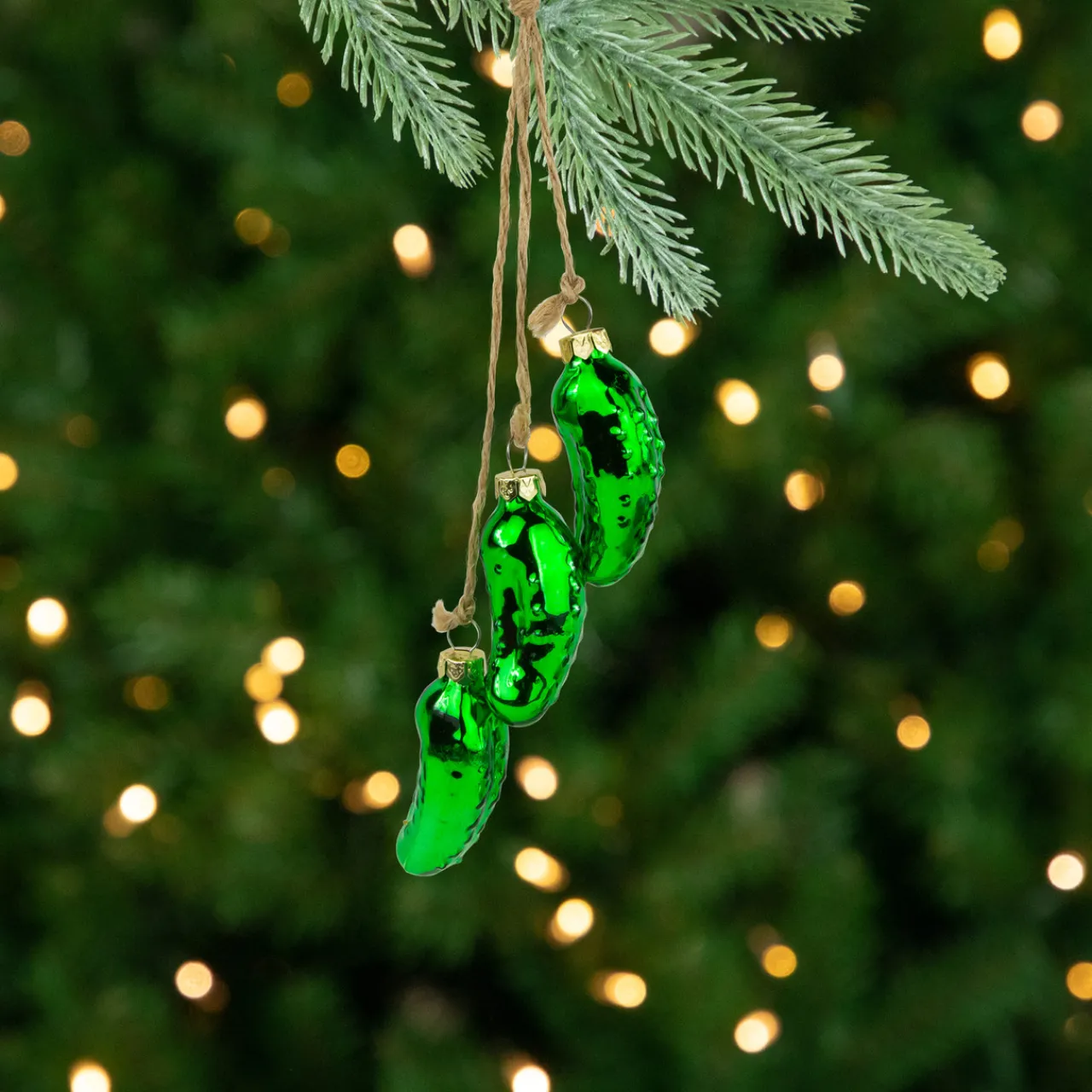 Sale 8.5" Green Shiny Pickle Cluster Trio Glass Christmas Ornament Food & Beverage