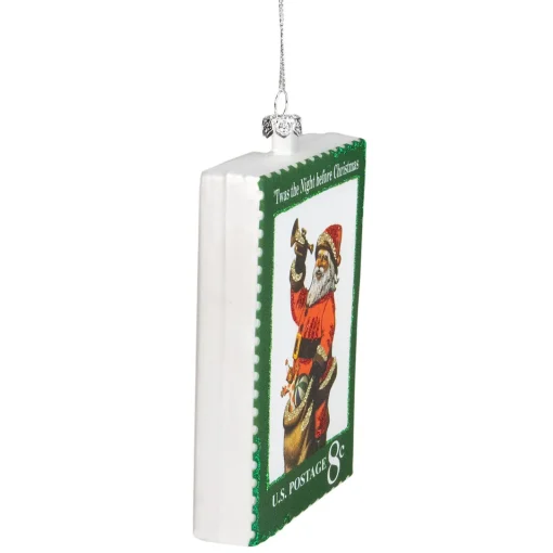 Clearance 3.5" Green USPS Santa Stamp "Twas The Night Before Christmas" Glass Christmas Ornament Santa Claus