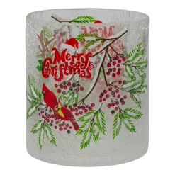 8" Hand Painted Christmas Cardinal and Pine Flameless Glass Christmas Candle Holder Flameless Candles