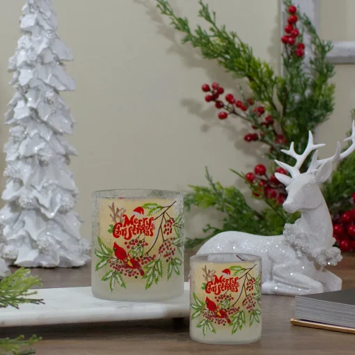 8" Hand Painted Christmas Cardinal and Pine Flameless Glass Christmas Candle Holder Flameless Candles
