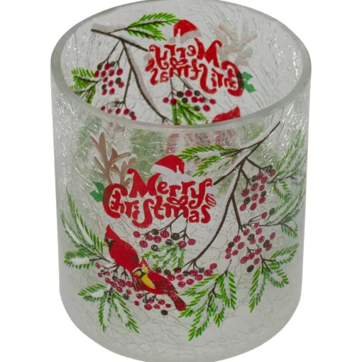 8" Hand Painted Christmas Cardinal and Pine Flameless Glass Christmas Candle Holder Flameless Candles