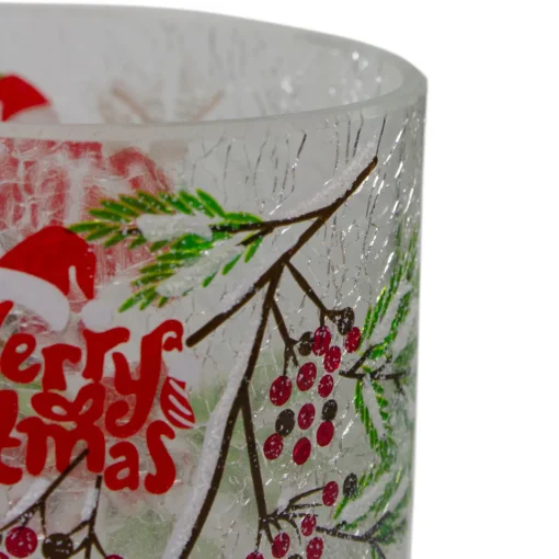 8" Hand Painted Christmas Cardinal and Pine Flameless Glass Christmas Candle Holder Flameless Candles