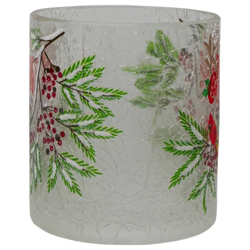 8" Hand Painted Christmas Cardinal and Pine Flameless Glass Christmas Candle Holder Flameless Candles