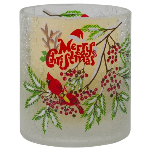 8" Hand Painted Christmas Cardinal and Pine Flameless Glass Christmas Candle Holder Flameless Candles