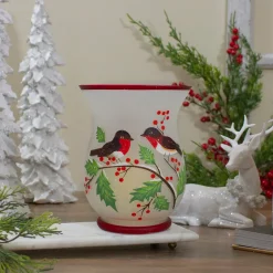 Online 8" Hand Painted Finches and Pine Glass Christmas Candle Holder Candle Holders