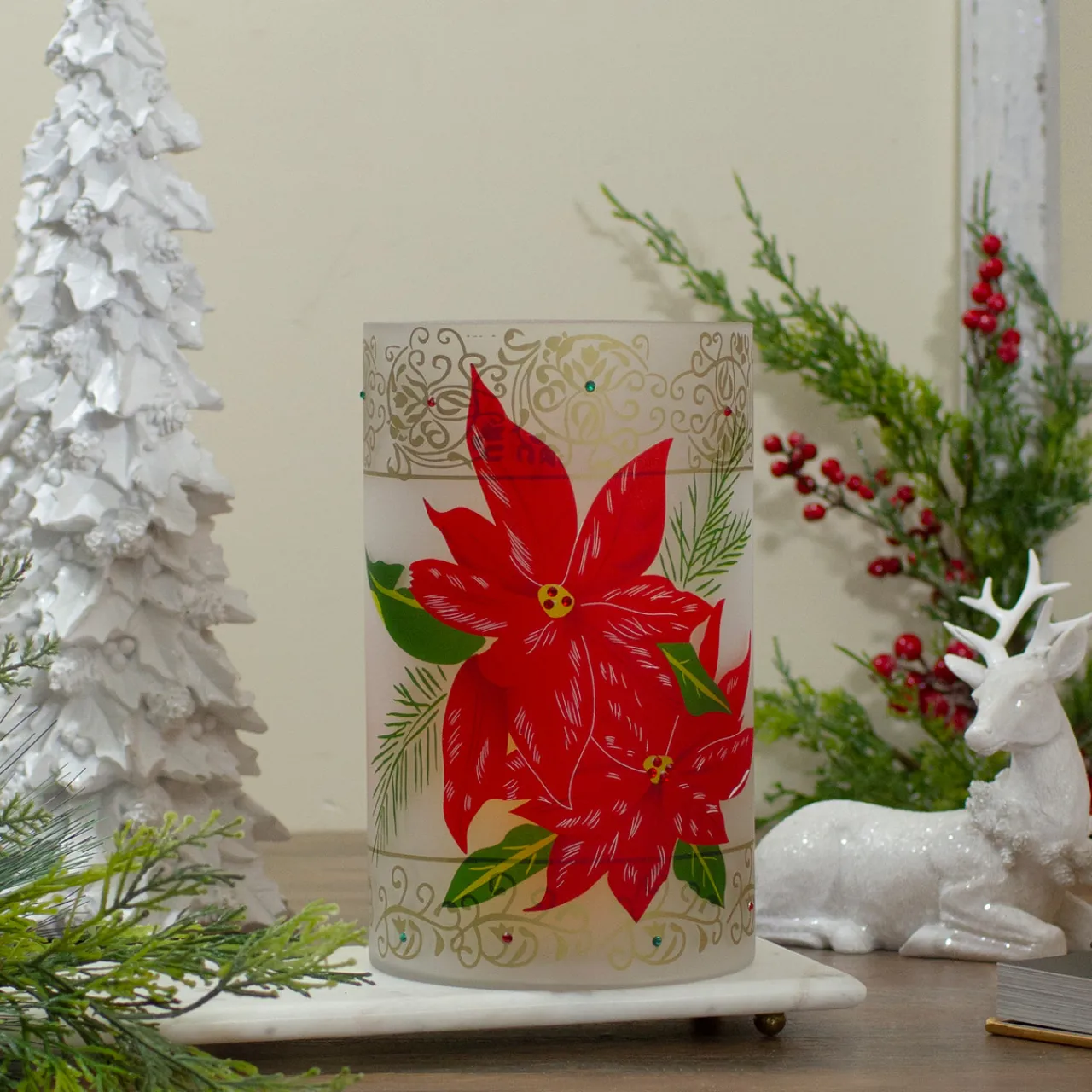 Online 10" Hand-Painted Red Poinsettias and Gold Flameless Glass Christmas Candle Holder Candle Holders