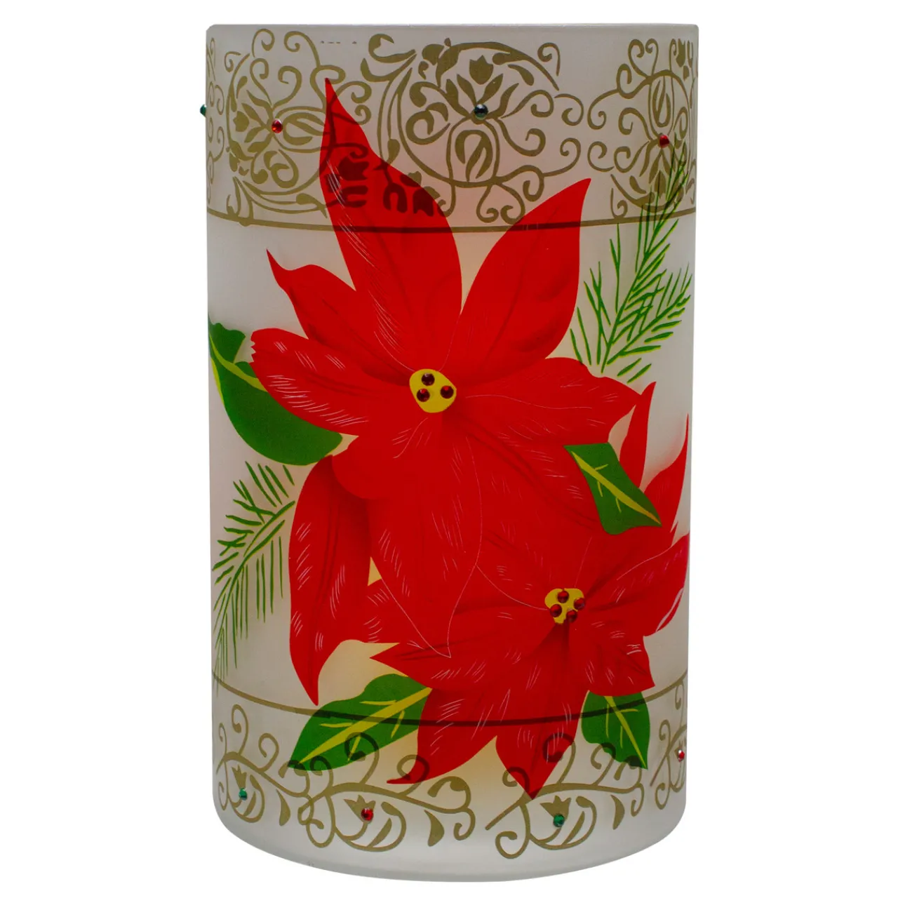 Online 10" Hand-Painted Red Poinsettias and Gold Flameless Glass Christmas Candle Holder Candle Holders