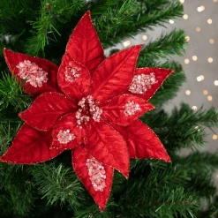 Online 28" Icy Red Velvet Poinsettia Glittered Christmas Stem Spray Sprays, Picks & Branches
