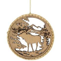 Online 4.25 in Moose with Forest Trees Disk Christmas Ornament, Brown Animals