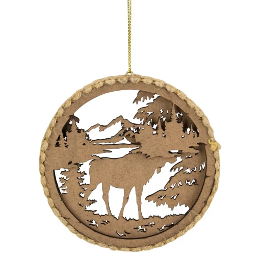 Online 4.25 in Moose with Forest Trees Disk Christmas Ornament, Brown Animals