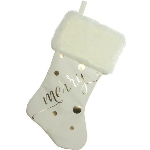 Best 19" Ivory White Gold Foil "Merry" Christmas Stocking with White Faux Fur Cuff Stockings