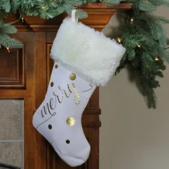 Best 19" Ivory White Gold Foil "Merry" Christmas Stocking with White Faux Fur Cuff Stockings