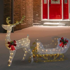 Clearance 48" LED Lighted Glitter Reindeer with Sleigh Outdoor Christmas Decoration Animals