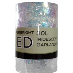 Clearance 9.25' LED Lighted Iridescent Tinsel Christmas Garland, Warm White Lights Pre Lit