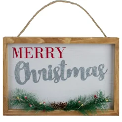 Outlet 12" LED Lighted 'Merry Christmas' Framed Wall Sign with Pine Wall