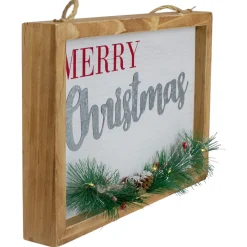 Outlet 12" LED Lighted 'Merry Christmas' Framed Wall Sign with Pine Wall