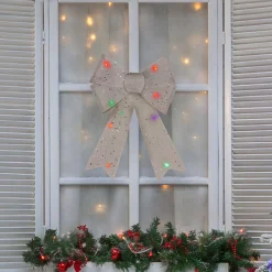 Sale 16" LED Lighted Silver Burlap Bow Christmas Decoration with Color Changing Lights Ribbons & Bows