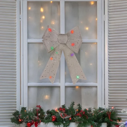 Sale 16" LED Lighted Silver Burlap Bow Christmas Decoration with Color Changing Lights Ribbons & Bows