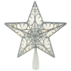 Outlet 9" LED Lighted Silver Glitter Star Christmas Tree Topper, Warm White Lights Stars