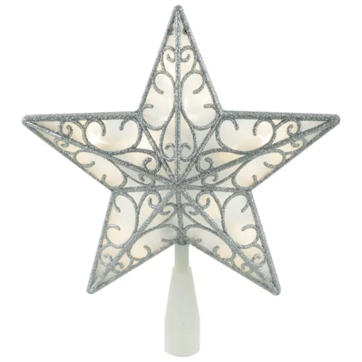 Outlet 9" LED Lighted Silver Glitter Star Christmas Tree Topper, Warm White Lights Stars