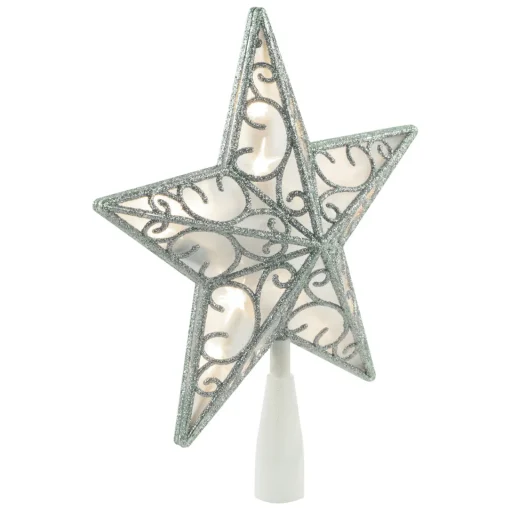 Outlet 9" LED Lighted Silver Glitter Star Christmas Tree Topper, Warm White Lights Stars