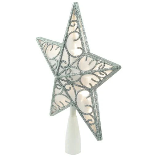 Outlet 9" LED Lighted Silver Glitter Star Christmas Tree Topper, Warm White Lights Stars