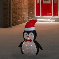 28" LED Lighted Tinsel Penguin in Santa Hat Outdoor Christmas Decoration Animals
