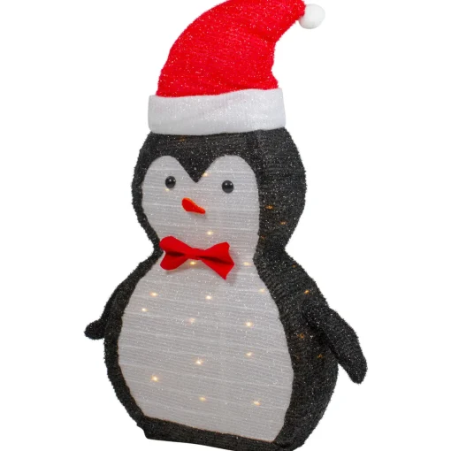 28" LED Lighted Tinsel Penguin in Santa Hat Outdoor Christmas Decoration Animals