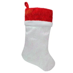 Clearance 22.25" LED Lighted White Iridescent Glittered Christmas Stocking with Red Cuff Stockings