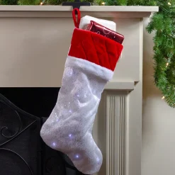 Clearance 22.25" LED Lighted White Iridescent Glittered Christmas Stocking with Red Cuff Stockings