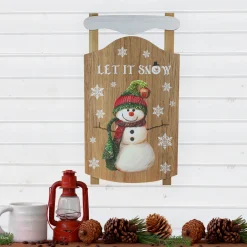 Sale 24” Let It Snow Wooden Sled Snowman and Snowflakes Wall Sign Wall