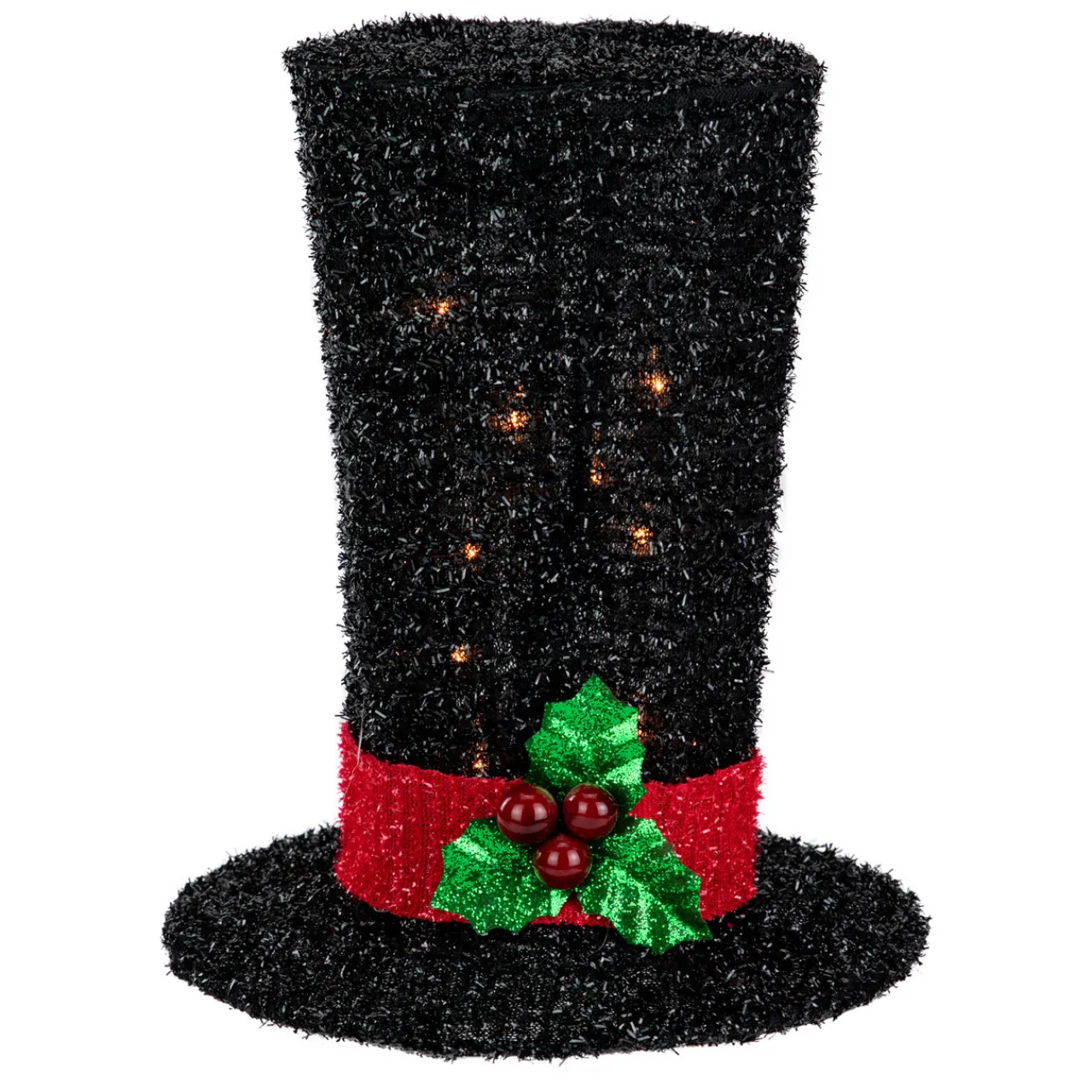 9.25" Lighted Black Tinsel Top Hat Christmas Tree Topper, Clear Lights Stars