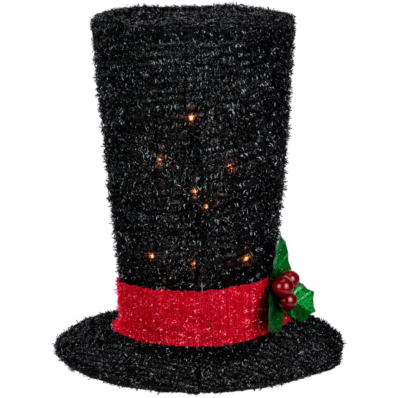 9.25" Lighted Black Tinsel Top Hat Christmas Tree Topper, Clear Lights Stars