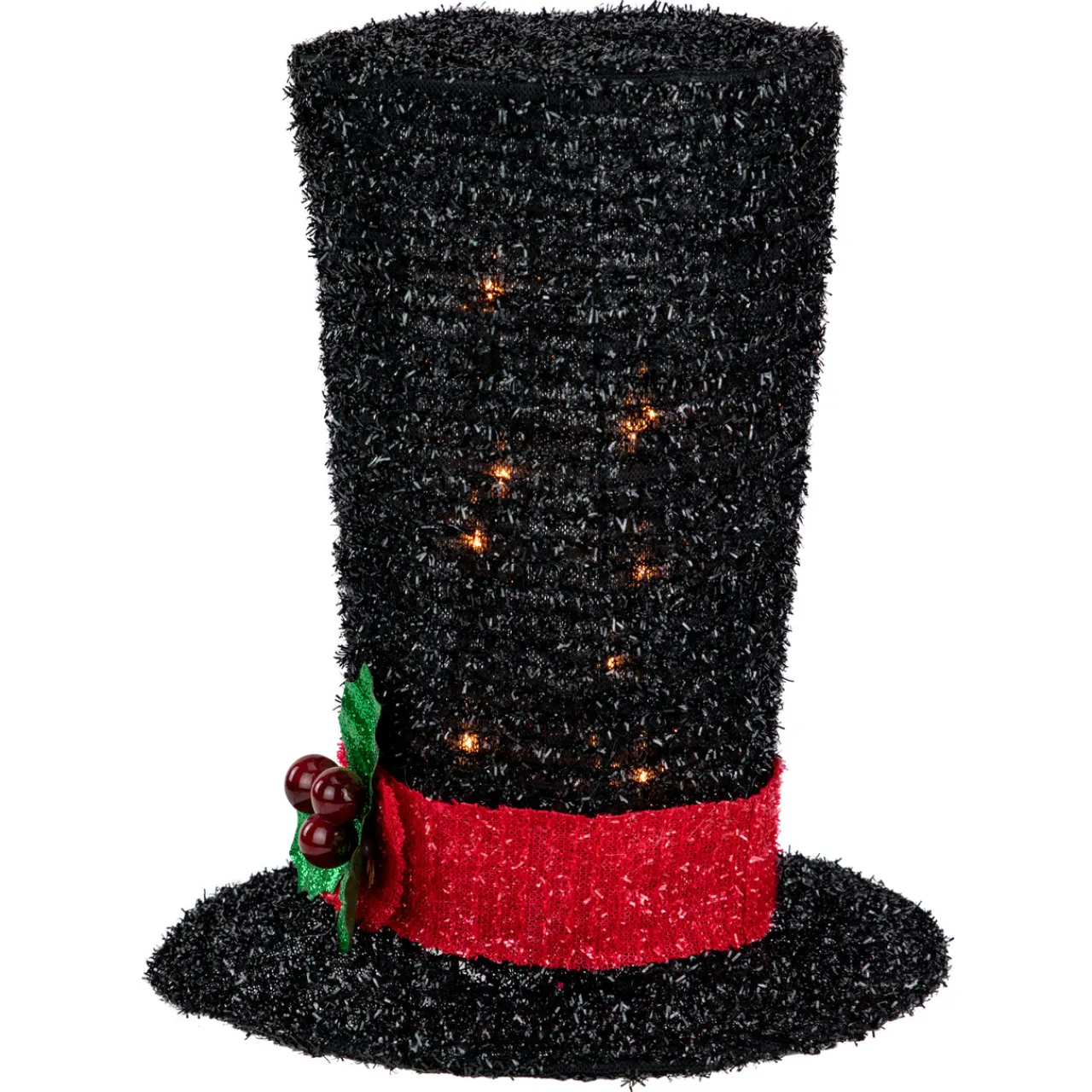 9.25" Lighted Black Tinsel Top Hat Christmas Tree Topper, Clear Lights Stars